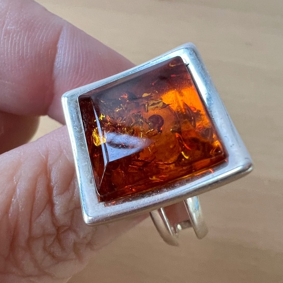 VINTAGE LARGE MODERNIST STATEMENT DESIGNER AMBER RING 925 STERLING SILVER